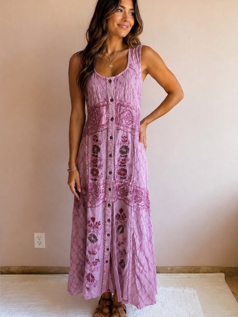 THE PYRAMID COLLECTION Lavender-Pink Embroidered Button-Front Maxi Dress